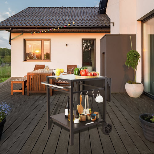 Outdoor Grill Dining Cart With Double-Shelf, BBQ Movable Food Prep Table, Multifunctional Foldable Iron Table Top, Portable Modular Carts For Pizza Oven, Worktable With 2 Wheels, Carry Handle