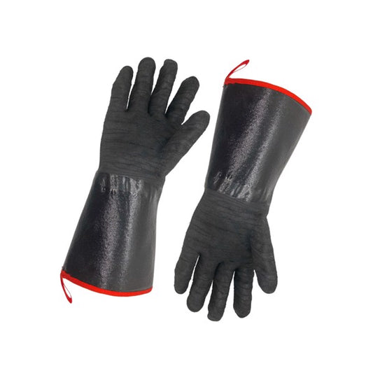 Pair of black gloves with red trim 